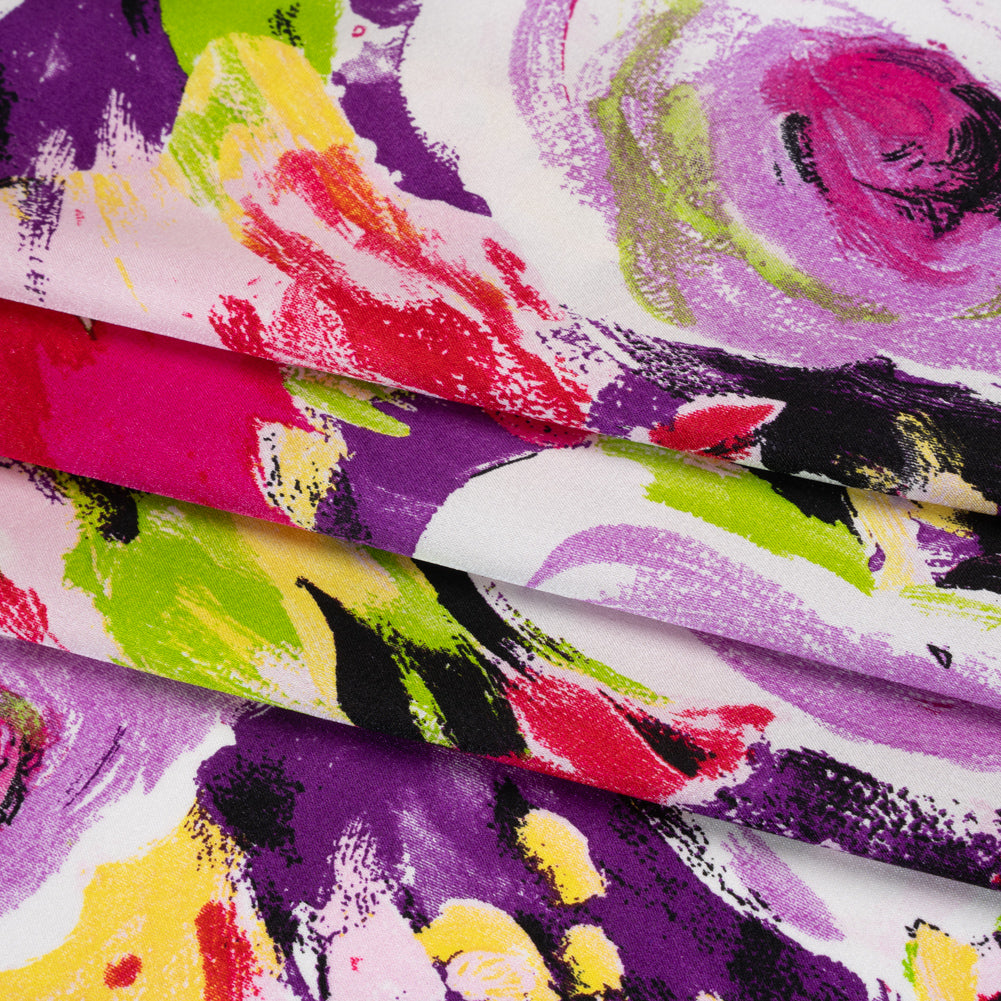 Stretch Silk Charmeuse Print - Pink, Purple and Yellow Painterly Roses - Deadstock - Folded