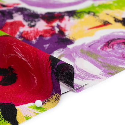 Stretch Silk Charmeuse Print - Pink, Purple and Yellow Painterly Roses - Deadstock