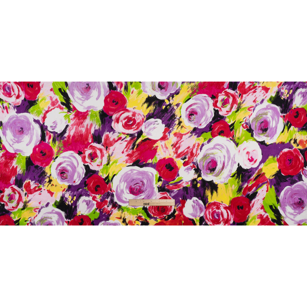 Stretch Silk Charmeuse Print - Pink, Purple and Yellow Painterly Roses - Deadstock - Full