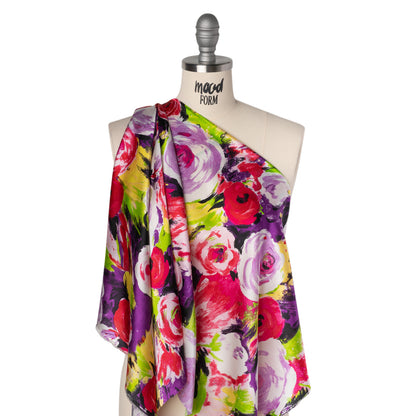 Stretch Silk Charmeuse Print - Pink, Purple and Yellow Painterly Roses - Deadstock
