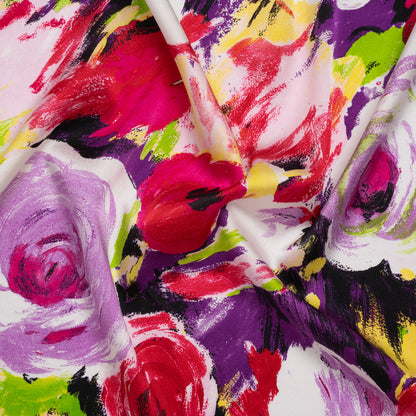 Stretch Silk Charmeuse Print - Pink, Purple and Yellow Painterly Roses - Deadstock