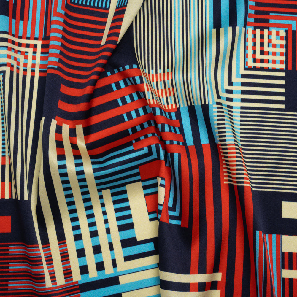 Stretch Silk Charmeuse Print - Red, Blue and Pale Yellow Striped Geometrics - Deadstock