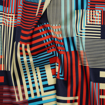 Stretch Silk Charmeuse Print - Red, Blue and Pale Yellow Striped Geometrics - Deadstock