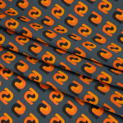 Stretch Silk Charmeuse Print - Steel, Black and Orange Geometric - Deadstock