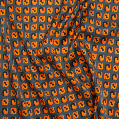 Stretch Silk Charmeuse Print - Steel, Black and Orange Geometric - Deadstock
