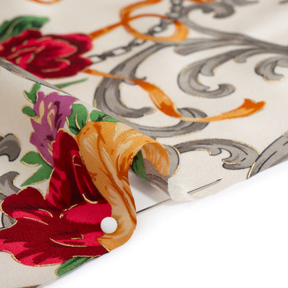 Stretch Silk Charmeuse Print - Yellow, Red and Gray Ornate Florals and Ribbons with Metallic Gold Foil Accents - Deadstock