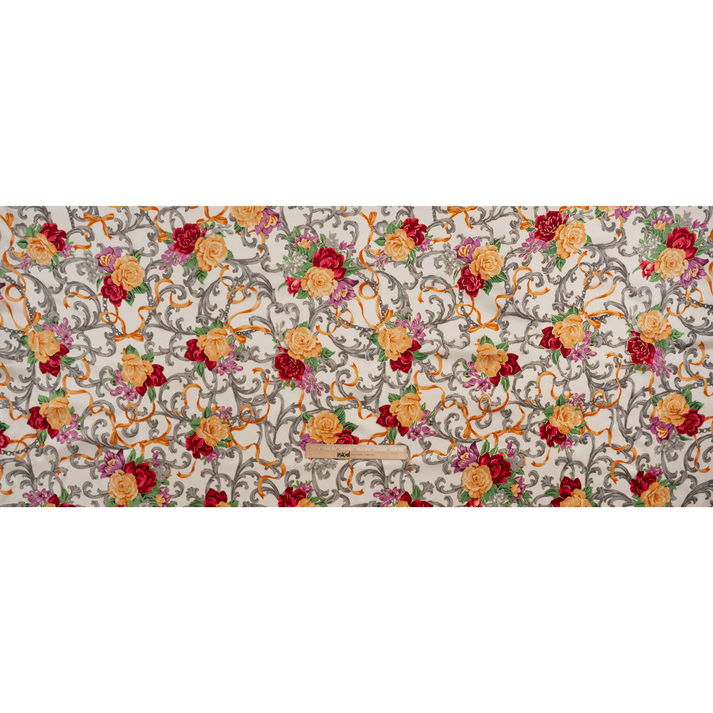 Stretch Silk Charmeuse Print - Yellow, Red and Gray Ornate Florals and Ribbons with Metallic Gold Foil Accents - Deadstock - Full