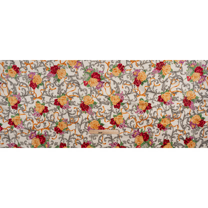 Stretch Silk Charmeuse Print - Yellow, Red and Gray Ornate Florals and Ribbons with Metallic Gold Foil Accents - Deadstock