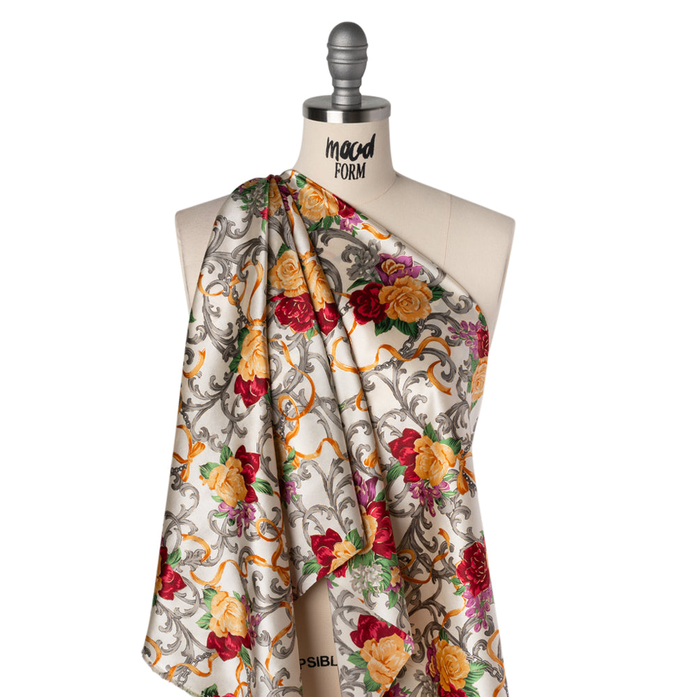 Stretch Silk Charmeuse Print - Yellow, Red and Gray Ornate Florals and Ribbons with Metallic Gold Foil Accents - Deadstock - Drape