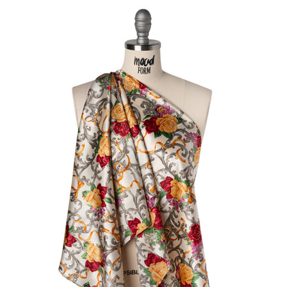 Stretch Silk Charmeuse Print - Yellow, Red and Gray Ornate Florals and Ribbons with Metallic Gold Foil Accents - Deadstock