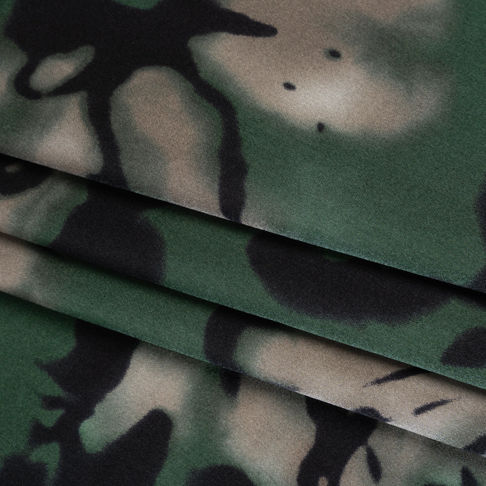 Silk Charmeuse Print - Forest Green, Beige and Black Painterly Florals - Deadstock - Folded