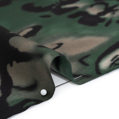 Silk Charmeuse Print - Forest Green, Beige and Black Painterly Florals - Deadstock
