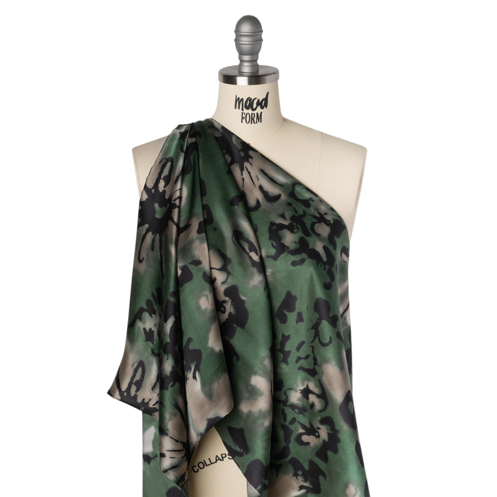 Silk Charmeuse Print - Forest Green, Beige and Black Painterly Florals - Deadstock - Drape