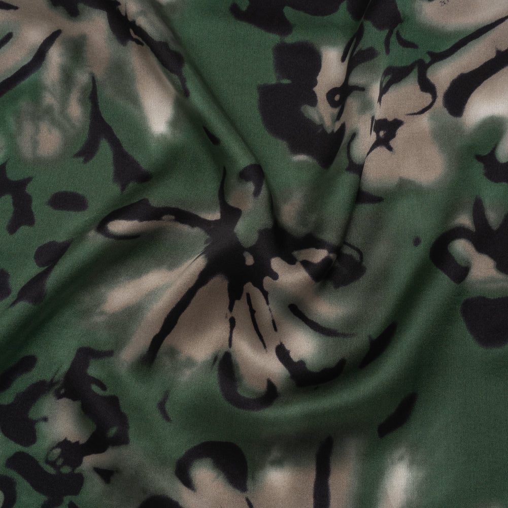Silk Charmeuse Print - Forest Green, Beige and Black Painterly Florals - Deadstock