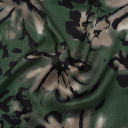 Silk Charmeuse Print - Forest Green, Beige and Black Painterly Florals - Deadstock