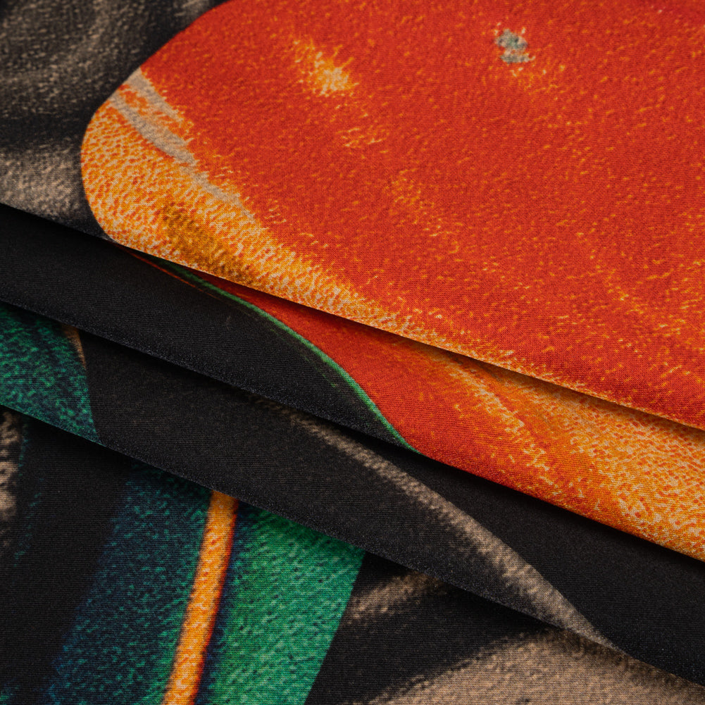 Stretch Silk Charmeuse Print - Black, Green and Orange Celestial Swooshes - Deadstock