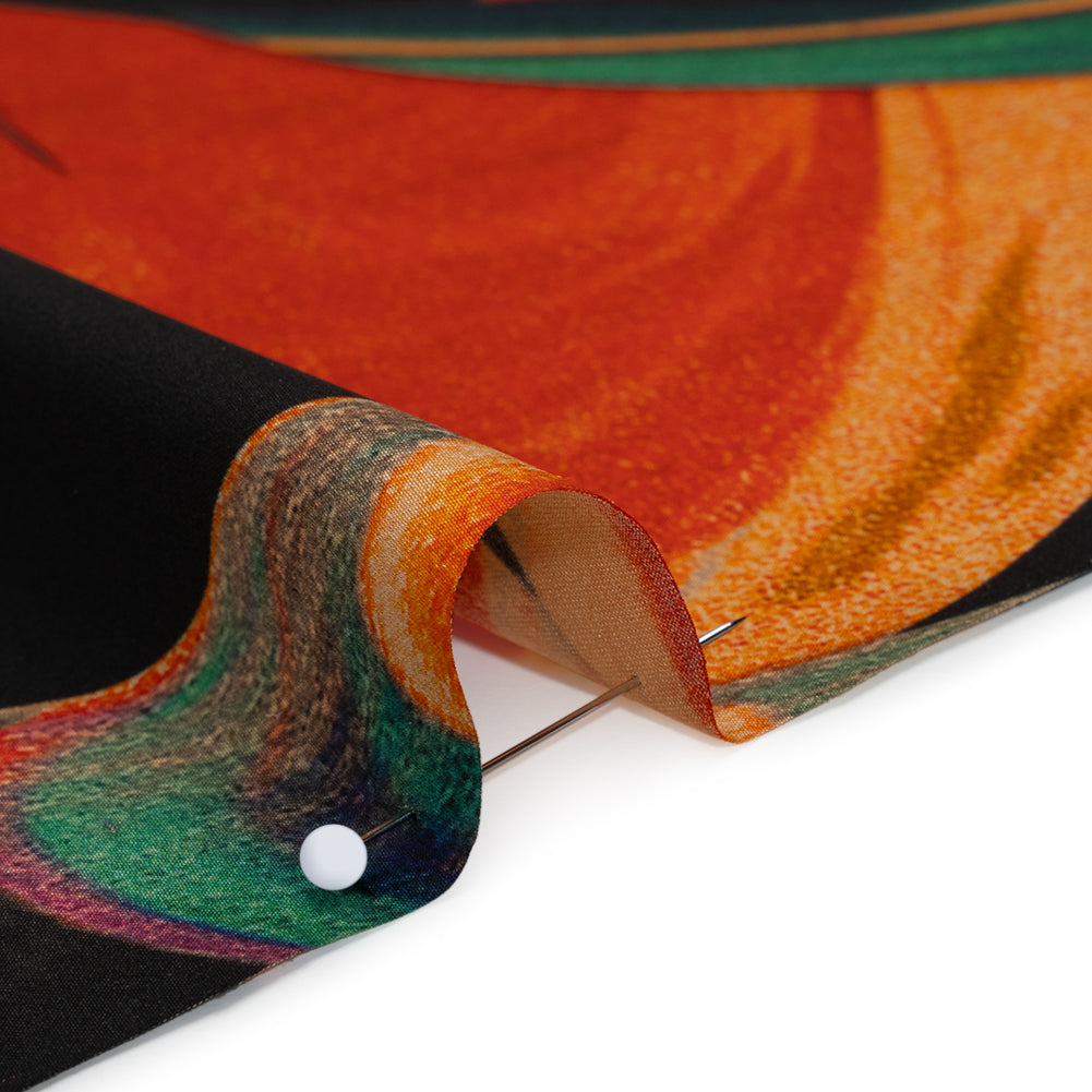 Stretch Silk Charmeuse Print - Black, Green and Orange Celestial Swooshes - Deadstock