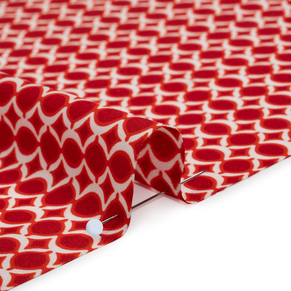 Stretch Silk Charmeuse Print - Red and White Geometric Bead Strands - Deadstock