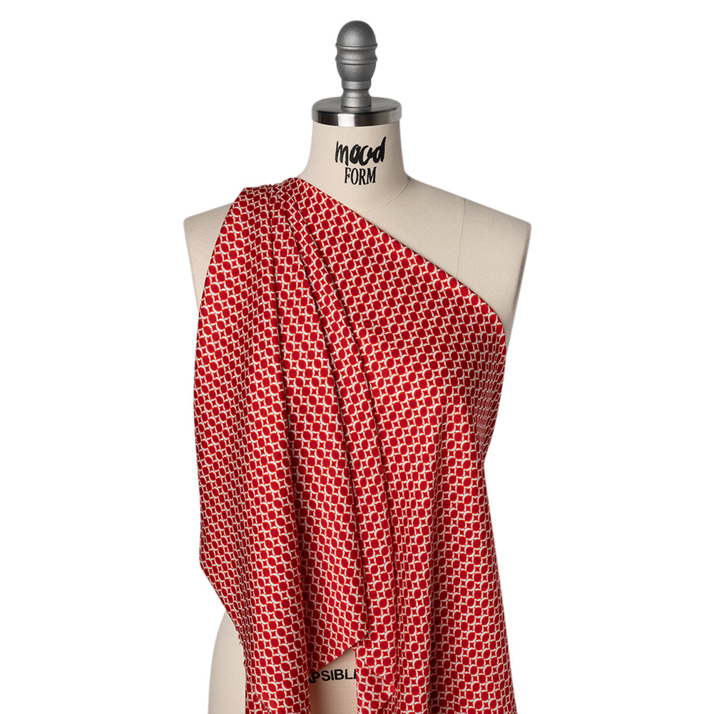 Stretch Silk Charmeuse Print - Red and White Geometric Bead Strands - Deadstock
