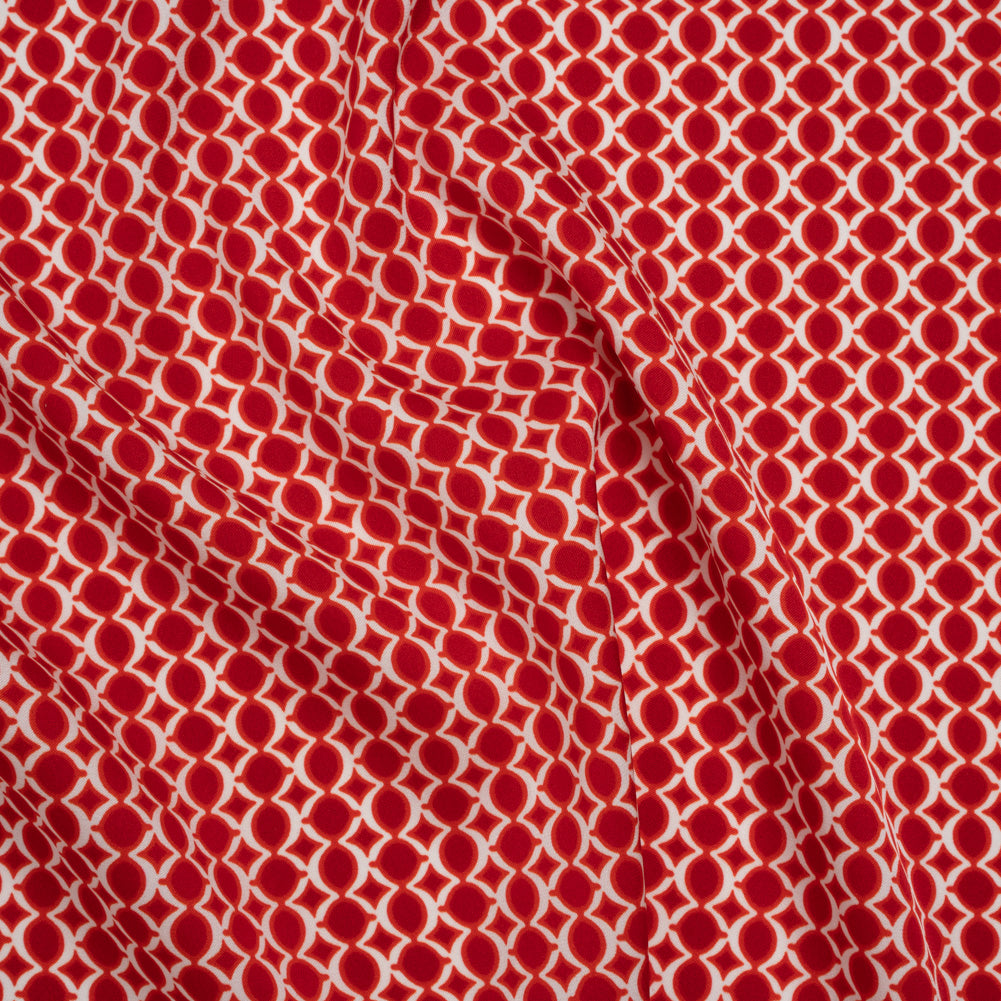 Stretch Silk Charmeuse Print - Red and White Geometric Bead Strands - Deadstock