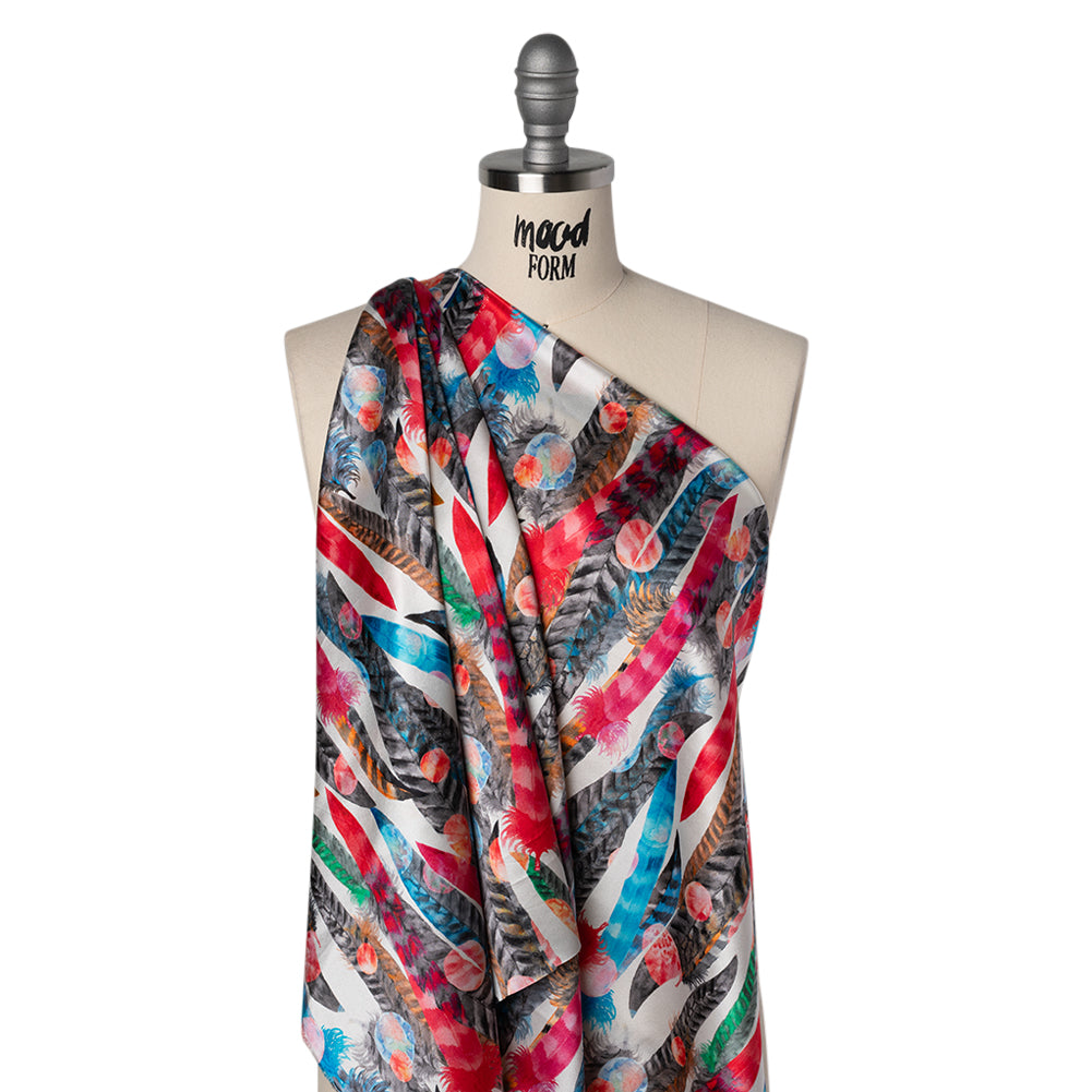 Stretch Silk Charmeuse Print - Pink, Blue and Gray Watercolor Feathers and Spots - Deadstock