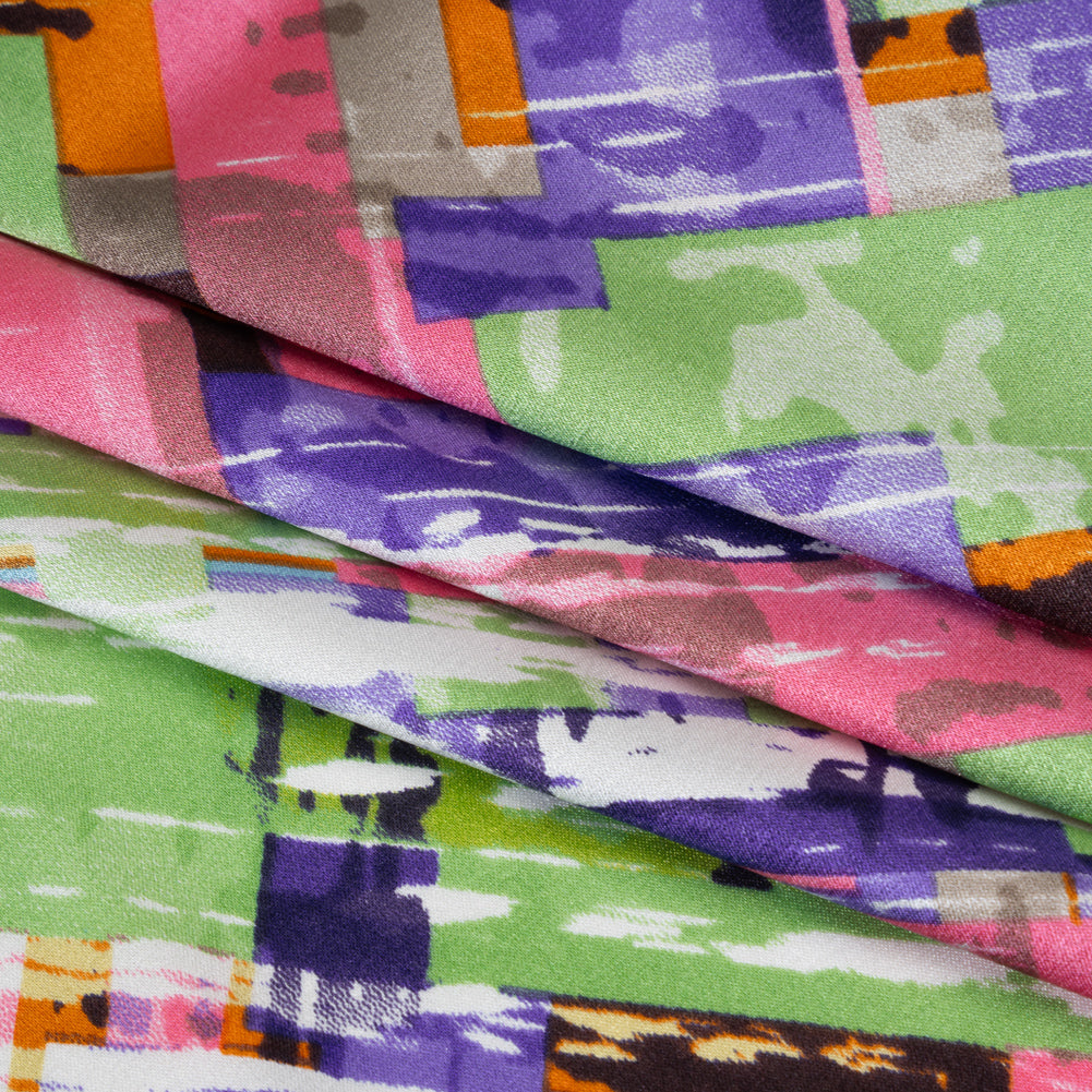Stretch Silk Charmeuse Print - Pink, Purple and Green Blocks and Brush Strokes - Deadstock