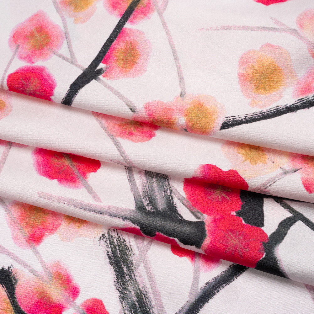 Stretch Silk Charmeuse Print - Pale Pink, Hot Magenta and Black Watercolor Cherry Blossoms - Deadstock - Folded