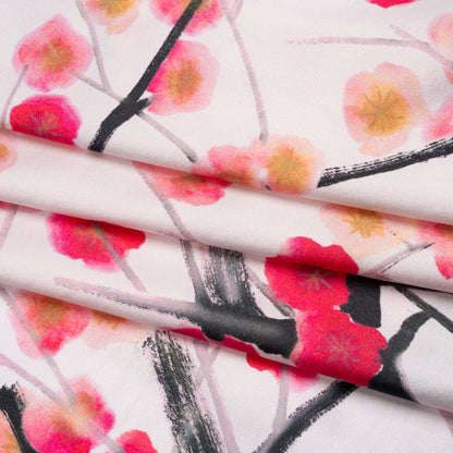 Stretch Silk Charmeuse Print - Pale Pink, Hot Magenta and Black Watercolor Cherry Blossoms - Deadstock