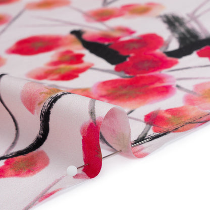 Stretch Silk Charmeuse Print - Pale Pink, Hot Magenta and Black Watercolor Cherry Blossoms - Deadstock