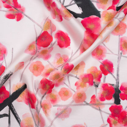 Stretch Silk Charmeuse Print - Pale Pink, Hot Magenta and Black Watercolor Cherry Blossoms - Deadstock