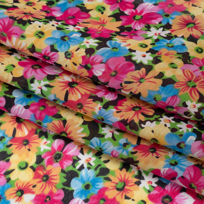 Silk and Cotton Voile Print - Pink, Yellow and Blue Floral - Deadstock