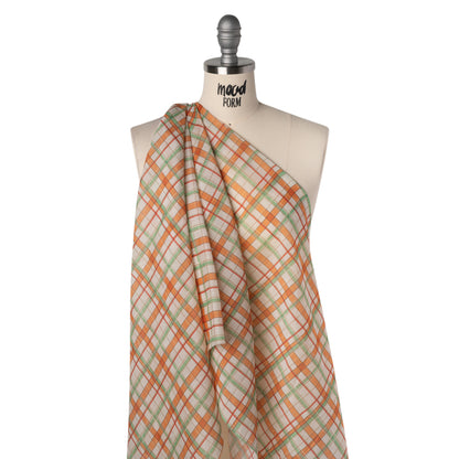 Silk and Cotton Voile - Orange, Spring Green and Cream Plaid - Deadstock