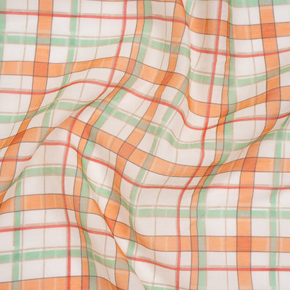 Silk and Cotton Voile - Orange, Spring Green and Cream Plaid - Deadstock
