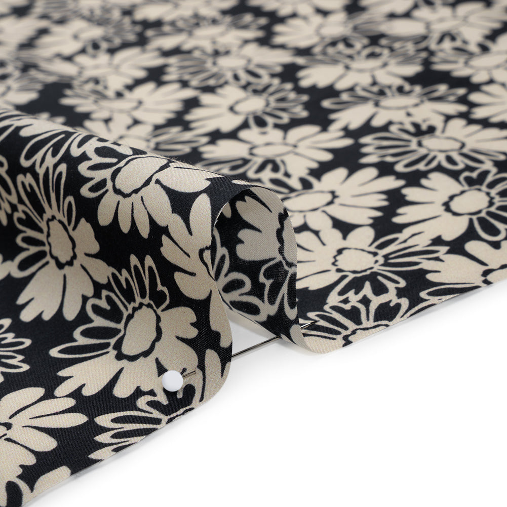 Silk and Cotton Voile Print - Cream and Black Floral - Deadstock