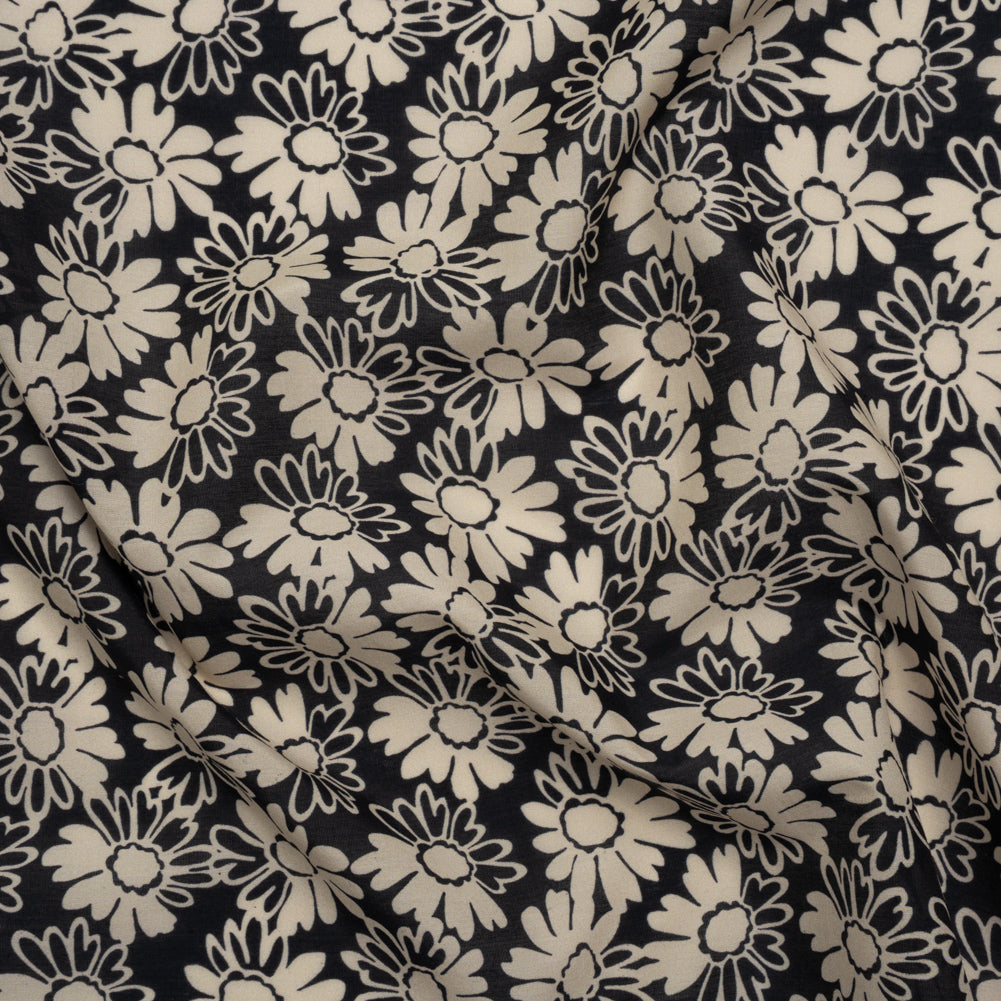 Silk and Cotton Voile Print - Cream and Black Floral - Deadstock