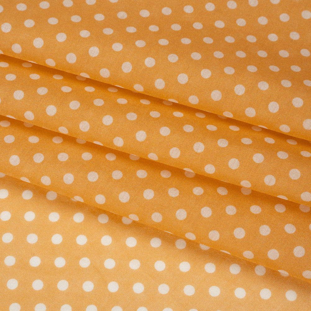 Silk and Cotton Voile Print - Saffron Yellow and White Polka Dots - Deadstock