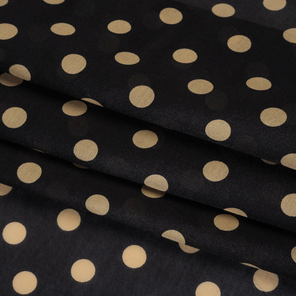 Silk and Cotton Voile - Dark Brown and Beige Polka Dots - Deadstock - Folded