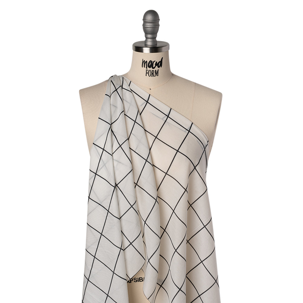 Silk and Cotton Voile Print - White and Black Windowpane Check - Deadstock