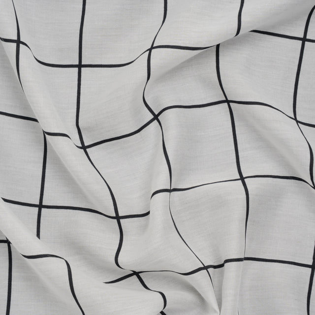 Silk and Cotton Voile Print - White and Black Windowpane Check - Deadstock