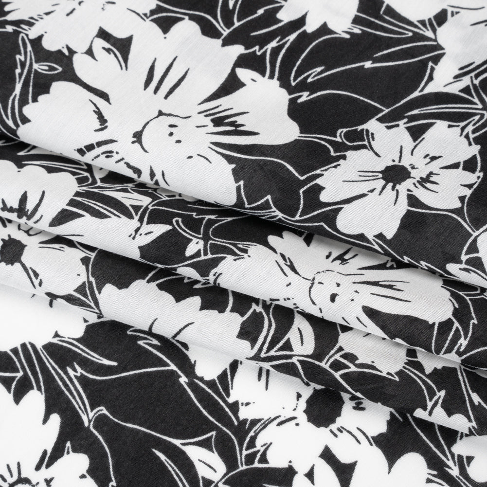 Silk and Cotton Voile Print - Black and White Florals - Deadstock