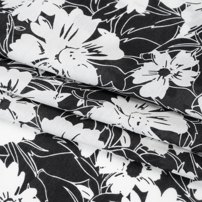 Silk and Cotton Voile Print - Black and White Florals - Deadstock