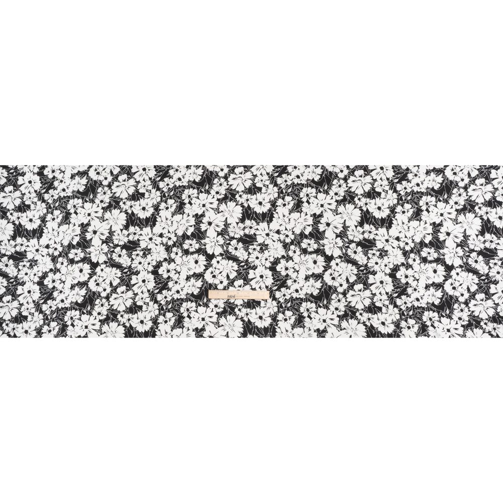 Silk and Cotton Voile Print - Black and White Florals - Deadstock