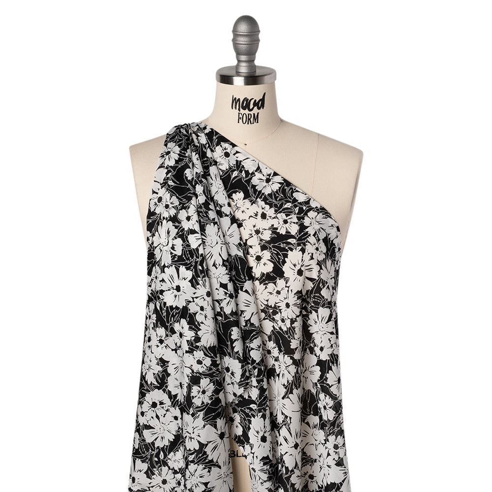Silk and Cotton Voile Print - Black and White Florals - Deadstock