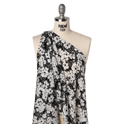 Silk and Cotton Voile Print - Black and White Florals - Deadstock