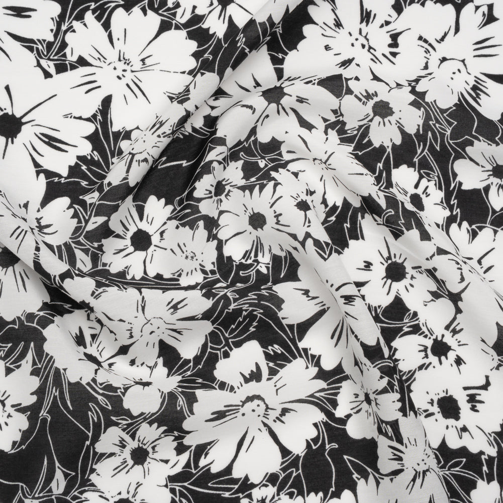 Silk and Cotton Voile Print - Black and White Florals - Deadstock
