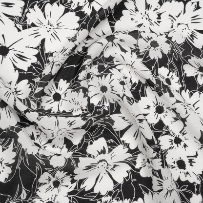 Silk and Cotton Voile Print - Black and White Florals - Deadstock