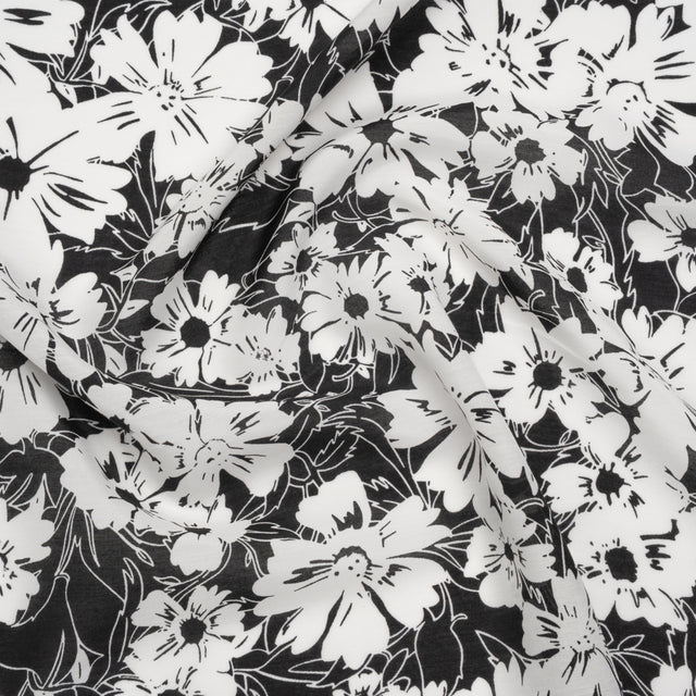 Silk and Cotton Voile Print - Black and White Florals - Deadstock