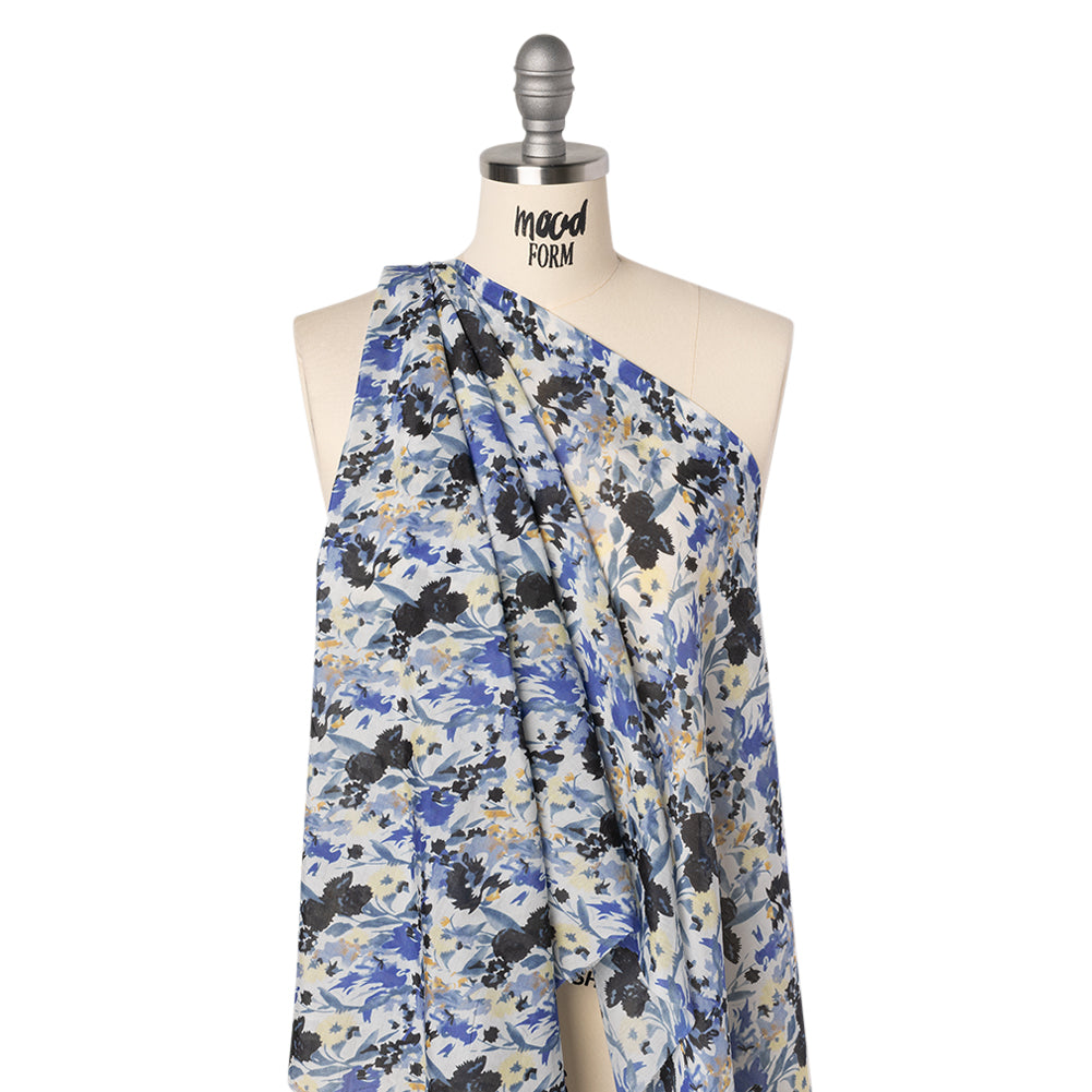 Silk and Cotton Voile Print - Blue, Yellow and White Floral - Deadstock