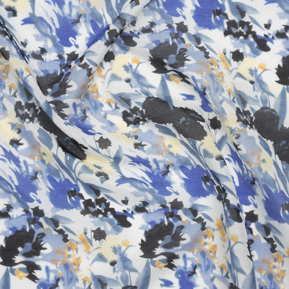 Silk and Cotton Voile Print - Blue, Yellow and White Floral - Deadstock