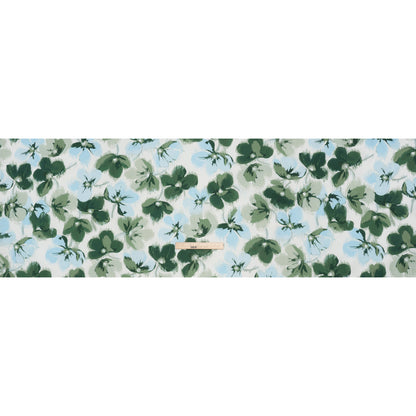 Silk and Cotton Voile Print - Sky Blue, Green and White Ikat-Inspired Floral - Deadstock